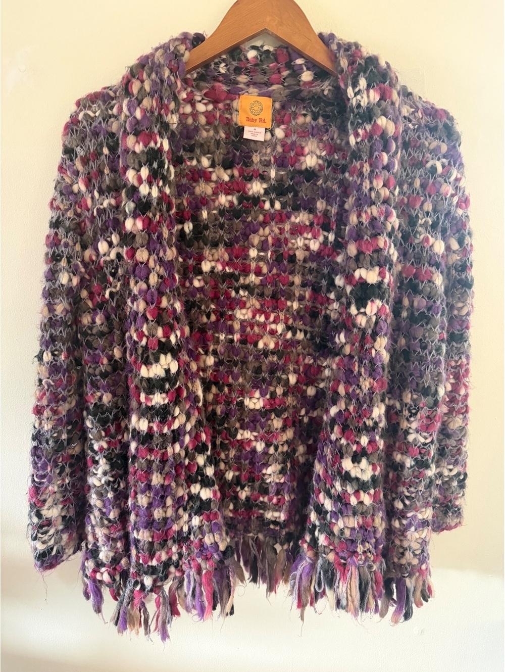Ruby Rd Puff Knit Purple Pink Cardigan with Fringe size Medium